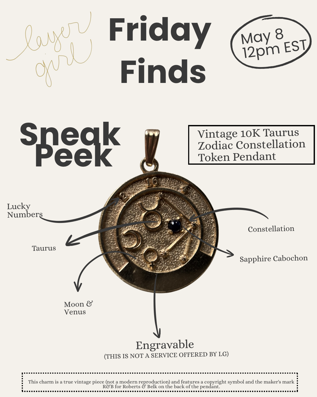 Vintage, 10K R&B Taurus Zodiac Constellation Token Pendant with Sapphire Cabochon