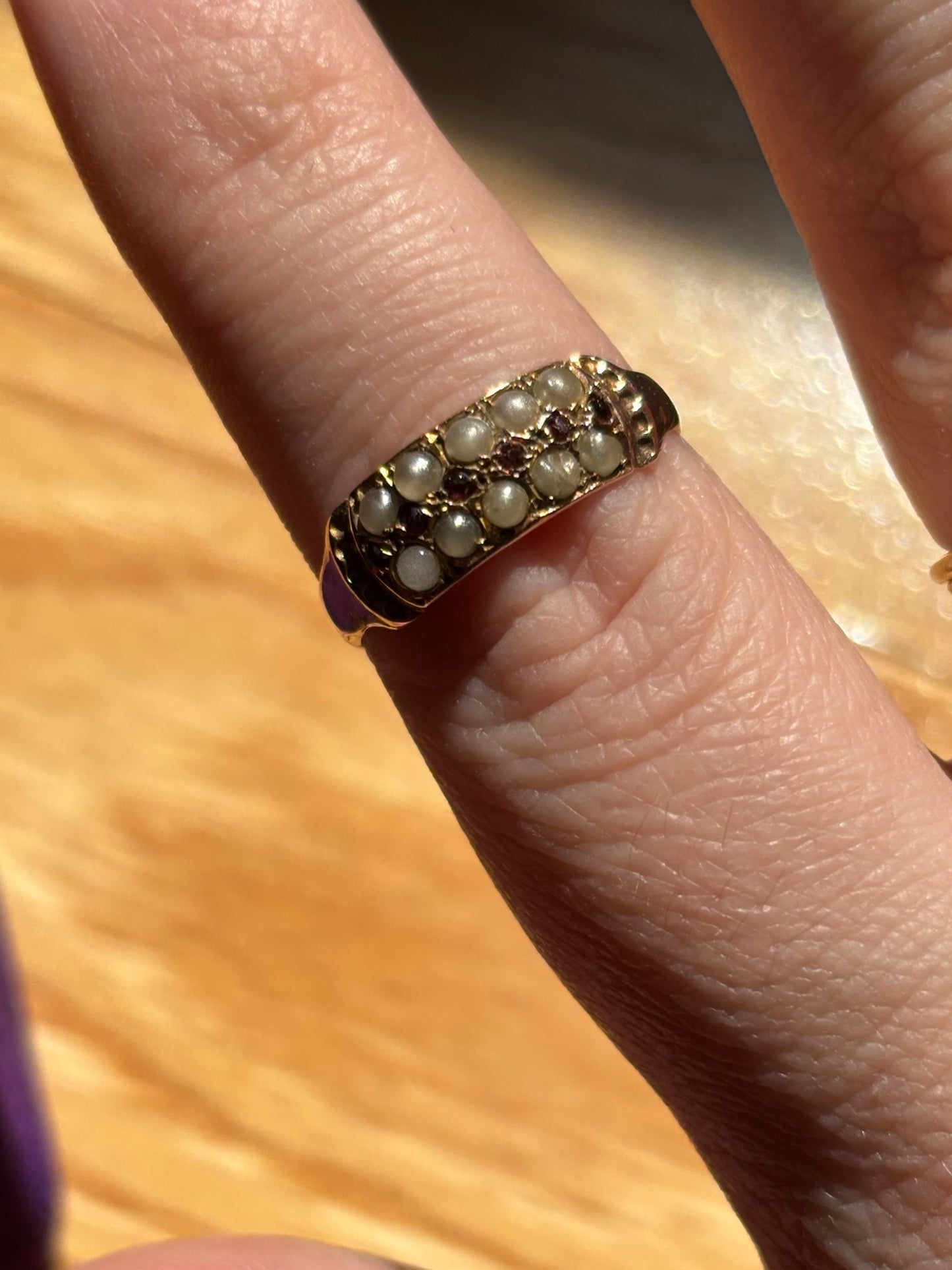 Antique, 9ct/9K Ruby and Seed Pearl Ring from the UK