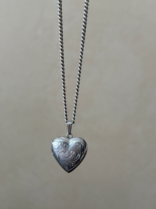 Vintage, Sterling Silver Heart Locket with Engraved Detail