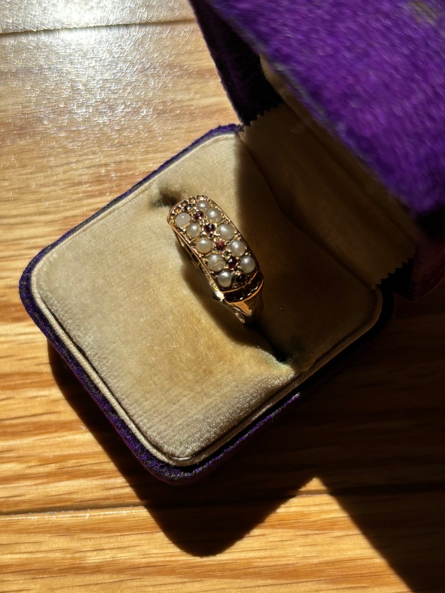 Antique, 9ct/9K Ruby and Seed Pearl Ring from the UK