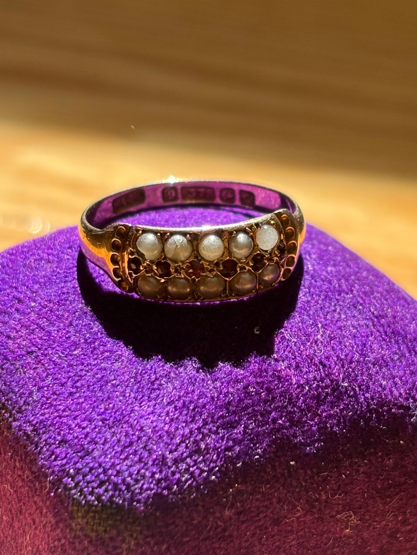 Antique, 9ct/9K Ruby and Seed Pearl Ring from the UK