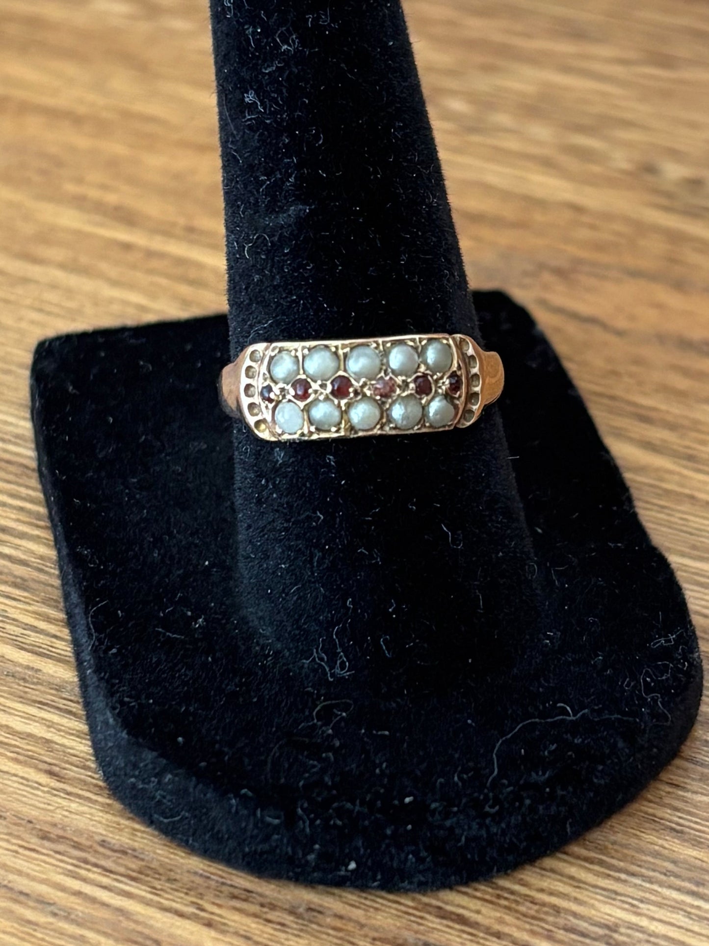 Antique, 9ct/9K Ruby and Seed Pearl Ring from the UK
