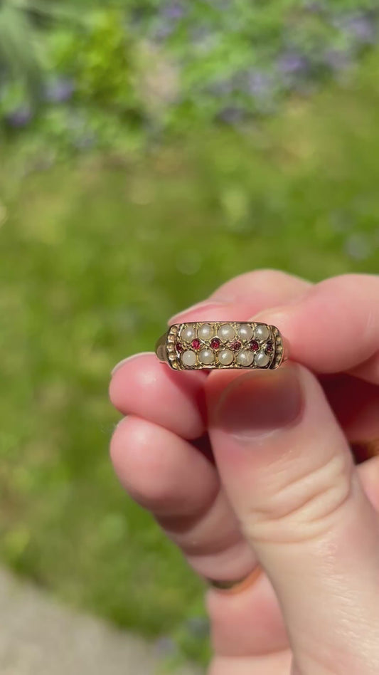 Antique, 9ct/9K Ruby and Seed Pearl Ring from the UK